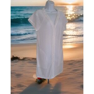 Jordan Taylor Swim Cover Up M White Mesh Button-Front V-neck Pockets Knee Length